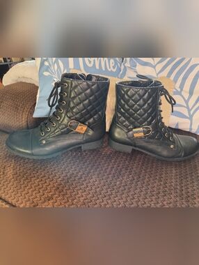 Guess Quilted Lace-Up Combat Boots in Black